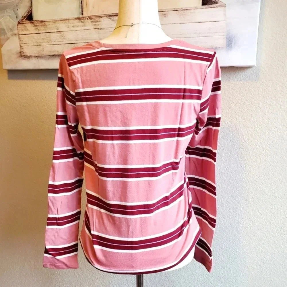 SO | Essential V-Neck Long Sleeve T-Shirt in Pink Stripe sz Various